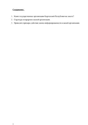 Контрольная работа - государственные организации в Кыргызской Республике. Структура и иерархия в организации. Закон информированности
