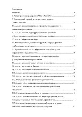 Анализ финансово-хозяйственной деятельности ОАО АатоВАЗ