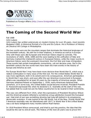 Lukacs John. The Coming of the Second World War