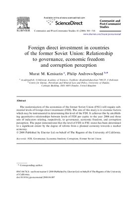 Kenisarin M.M., Andrews-Speed P. Foreign direct investment in countries of the former Soviet Union: Relationship to governance, economic freedom and corruption perception