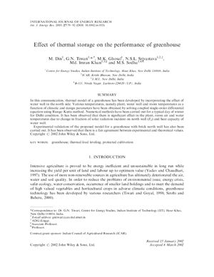 Din M., Tiwari G.N., Ghosal M.K., Srivastava N.S.L., Imran Khan Md., Sodha M.S. Effect of thermal storage on the performance of greenhouse (Влияние теплового аккумулятора на характеристики теплицы)