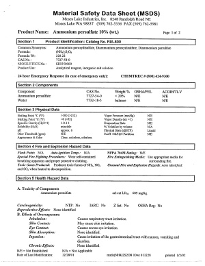 Material Safety Data Sheet (MSDS) for Ammonium persulfate 10% (wt.) - Паспорт безопасности на 10% раствор персульфата аммония