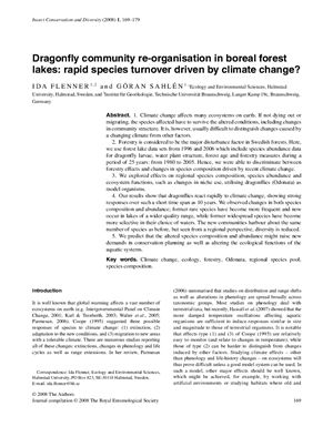 Flenner I., Sahlen G. Dragonfly community re-organisation in boreal forest lakes: rapid species turnover driven by climate change?