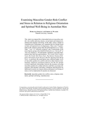 Статья - D. Jurkovic and G.A. Walker. Examining masculine gender-role conflict and stress in relation to religious orientation and spiritual well-being in australian men