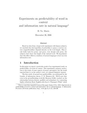 Manin Yu. Experiments on predictability of word in context and information rate in natural language