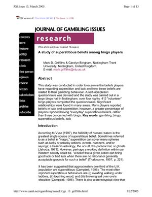 Griffiths Mark D., Bingham Carolyn. A study of superstitious beliefs among bingo players