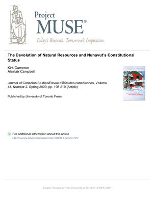 Cameron K., Campbell A. The Devolution of Natural Resources and Nunavut’s Constitutional Status