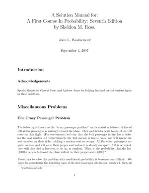 Sheldon M. Ross. John L. Solution Manual for First Course In Probability 7 Edition. September 4, 2007