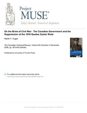 Auger F.M. On the Brink of Civil War: The Canadian Government and the Suppression of the 1918 Quebec Easter Riots