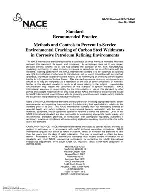 NACE Standard RP0472-2005 Methods and Controls to Prevent In-Service Environmental Cracking of Carbon Steel Weldments in Corrosive Petroleum Refining Environments