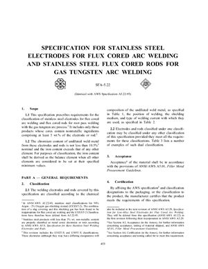AWS A5.22-95/ASME SFA-5.22 Specification for Stainless Steel Electrodes for Flux Cored Arc Welding and Stainless Steel Flux Cored Rods for Gas Tungsten Arc Welding (Eng)