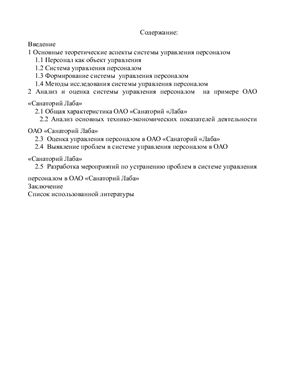 Анализ и оценка системы управления персоналом на примере ОАО Санаторий Лаба