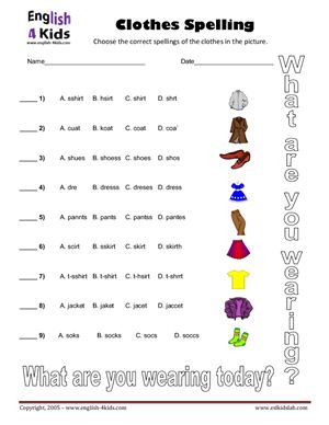 Упражнение для детей Clothes Spelling