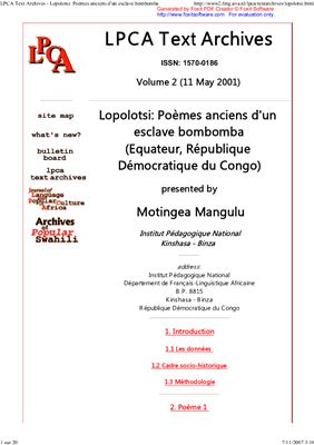 Mangulu M. Lopolotsi: Poèmes anciens d'un esclave bombomba (Equateur, République Démocratique du Congo)