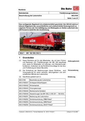 Deutsche Bahn AG. Bahnbetrieb. Triebfahrzeuge bedienen. BR 185. Richtlinie 493.0185