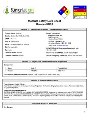 Material Safety Data Sheet for Hexane - Паспорт безопасности Гексана