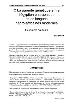 Ngom G. La parenté génétique entre l'égyptien pharaonique et les langues négro-africaines modernes: l'exemple du duala