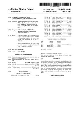 Patent 6488980 B1 US Stabilized or stabilized, crosslinked waxy potato starch