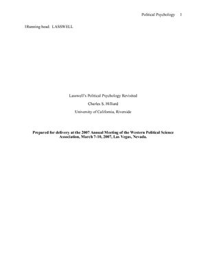 Hilliard Charles. Lasswell’s Political Psychology Revisited