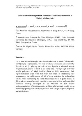 Marcarian X., Falk L., M?ller A.H.E., Pla F. Effect of Micromixing in the Continuous Anionic Polymerisation of Methyl Methacrylate