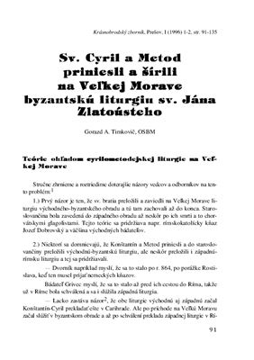 Timkovic G.A., Sv. Cyril a Metod priniesli a sirili na Velkej Morave byzantsku liturgiu sv. Jana Zlatousteho