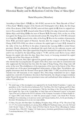 Khayutina, Maria, Western Capitals of the Western Zhou Dynasty: Historical Reality and Its Reflections Until the Time of Sima Qian