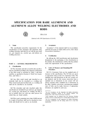 AWS A5.10-92/ASME SFA-5.10 Specification for Bare Aluminum and Aluminum-Alloy Welding Electrodes and Rods (Eng)