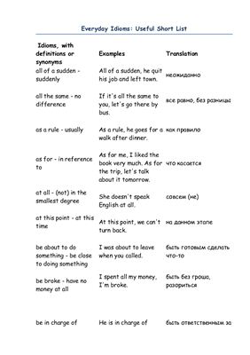 Everyday Idioms: Useful Short List