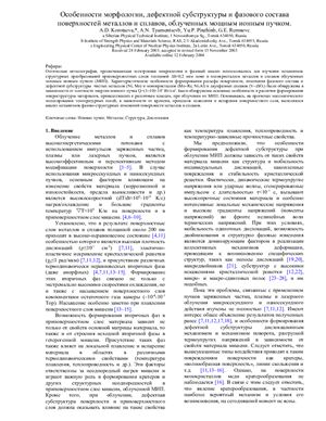 Korotaev A.D., Tyumentsev A.N., Pinzhin Yu.P., Remnev G.E. Особенности морфологии, дефектной субструктуры и фазового состава поверхностей металлов и сплавов, облученных мощным ионным пучком