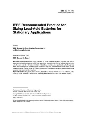 IEEE Std 485-1997. IEEE Recommended Practice for Sizing Lead-Acid Batteries for Stationary Applications