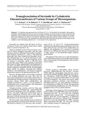 Abelyan V.A., Balayan A.M., Ghochikyan V.T., and Markosyan A.A. Transglycosylation of Stevioside by Cyclodextrin Glucanotransferases of Various Groups of Microorganisms