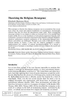 Статья Elizabeth Shakman Hurd Theorizing the Religious Resurgence, International Politics (2007) 0, 000-000. doi: 10.1057/palgrave.ip.8800212