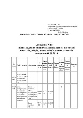 Справочник налоговых льгот на 01 ноября 2010 года