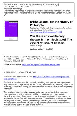 Kaye S.M., Was there no evolutionary thought in the Middle Ages? The case of William of Ockham
