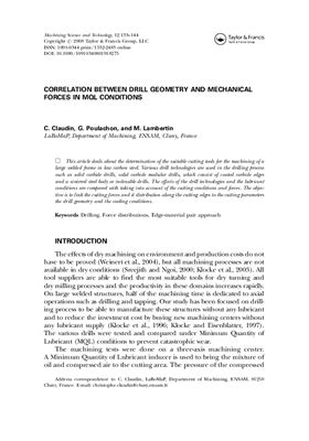 Claudin C., Poulachon G., Lambertin M. Корреляция между геометрией сверла и силами резания в условиях смазки туманом