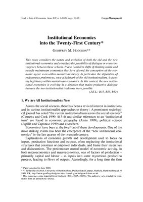 Geoffrey M. Hodgson. Institutional Economics into the Twenty-First Century