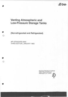 API Std 2000-1982 Venting Atmospheric and Low-Pressure Storage Tanks