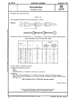 DIN 5279 1961. Patentketten. Kettenglieder aus Blech (deutsch). Цепи из тонколистового металла (нем). Изм.9