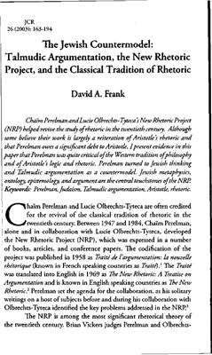 The Jewish Countermodel: Talmudic Argumentation, the New Rhetoric Project, and the Classical Tradition of Rhetoric