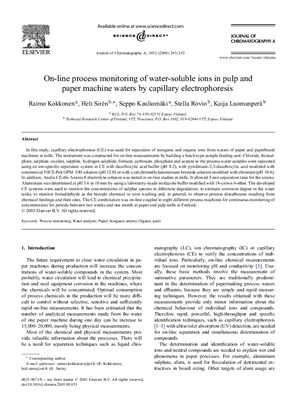 Kokkonen R., Siren H., Kauliomaki S., et al. On-line process monitoring of water-soluble ions in pulp and paper machine waters by capillary electrophoresis