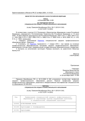 Перечень специальностей среднего профессионального образования (ред. от 26.10.2011)