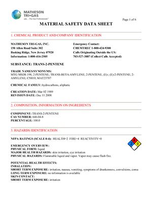 Material Safety Data Sheet for Trans-2-Pentene - Паспорт безопасности транс-2-пентена