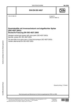 DIN EN ISO 4027-2004 Винты установочные с шестигранным углублением под ключ и коническим концом