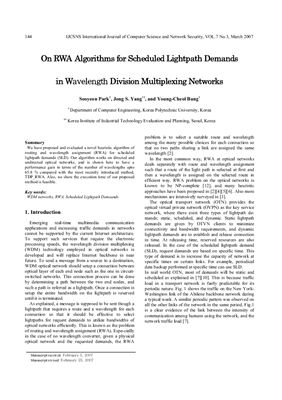 Sooyeon Park, Jong S. Yang, Young-Cheol Bang. On RWA Algorithms for Scheduled Lightpath Demand in Wavelength Division Multiplexing Networks