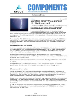 Epcos. Varistors satisfy the extended UL 1449 standard