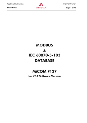 Areva MiCOM P127 - Directional/Non-directional Relay. Modbus & IEC 60870-5-103 Database