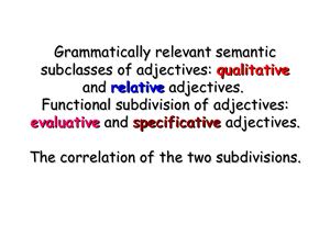 Grammatically relevant semantic subclasses of adjectives: qualitative and relative adjectives. Functional subdivision of adjectives: evaluative and specificative adjectives