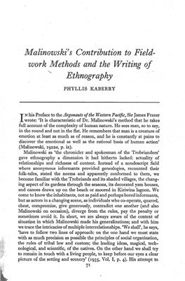 Kaberry P. Malinowski's contribution to fieldwork methods and the writing of ethnography