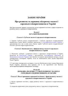 Закон України Про розвиток та державну підтримку малого і середнього підприємництва в Україні