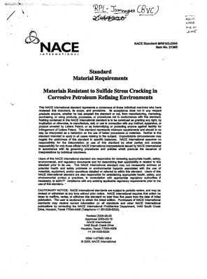 NACE Standard MR0103-2005 Materials Resistant to Sulfide Stress Cracking in Corrosive Petroleum Refining Environments